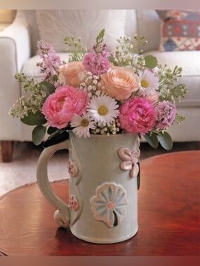 Artisan Thrown Pottery extra large Mug/Vase with appliqué .